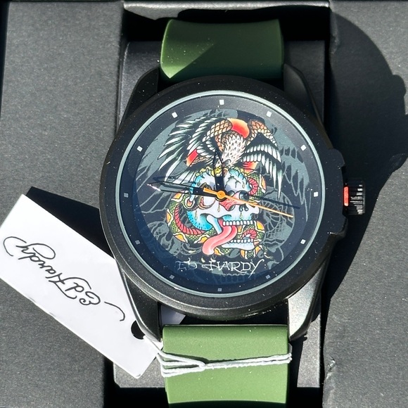 NEW Mens Army Green Silicone Band Ed Hardy Watch - Picture 4 of 7